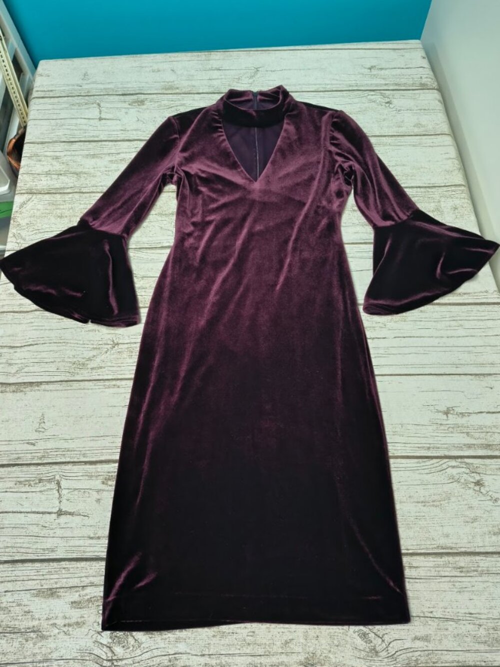 Eliza J Burgundy Velvet Bell Sleeve Midi Dress High Neck Size 2